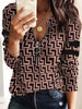 Print V-Neck Zipper Long Sleeve Pullover Office Lady T-shirt Mssza