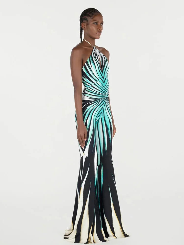 Printed Halter Hollow Out Striped Skinny Flare Pants Streetwear Rompers Jumpsuits Mssza