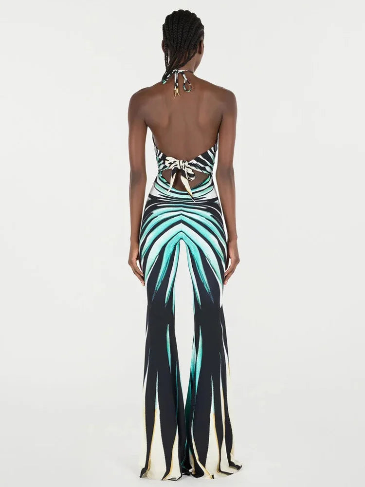 Printed Halter Hollow Out Striped Skinny Flare Pants Streetwear Rompers Jumpsuits Mssza