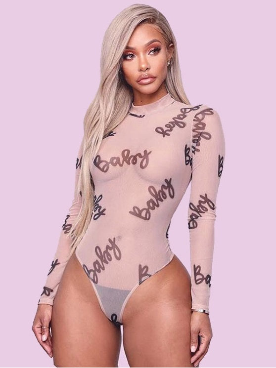 Printed Mock Neck Long Sleeve Bodysuit Mssza