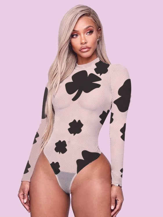 Printed Mock Neck Long Sleeve Bodysuit Mssza