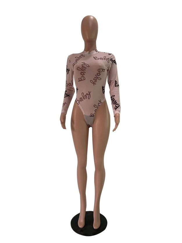Printed Mock Neck Long Sleeve Bodysuit Mssza