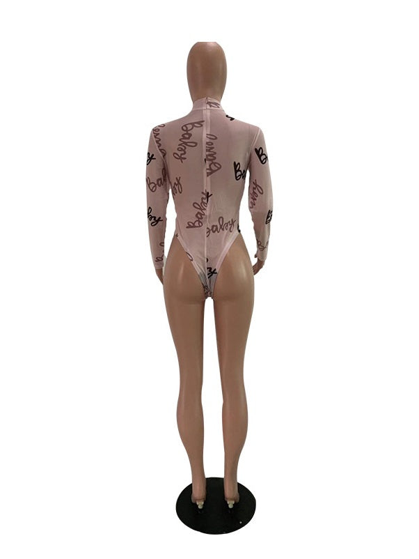 Printed Mock Neck Long Sleeve Bodysuit Mssza