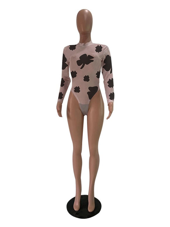 Printed Mock Neck Long Sleeve Bodysuit Mssza
