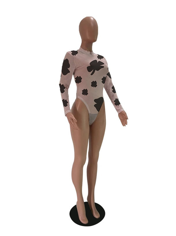 Printed Mock Neck Long Sleeve Bodysuit Mssza