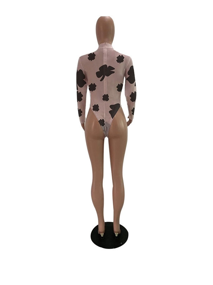 Printed Mock Neck Long Sleeve Bodysuit Mssza