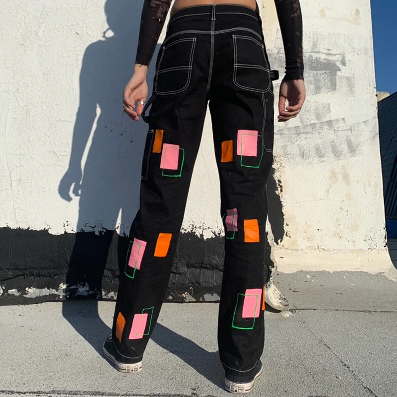 Printed Patchwork Straight Leg Casual Hippie Denim Pants Mssza