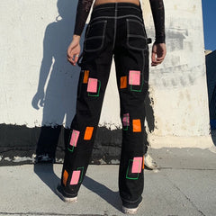 Printed Patchwork Straight Leg Casual Hippie Denim Pants Mssza