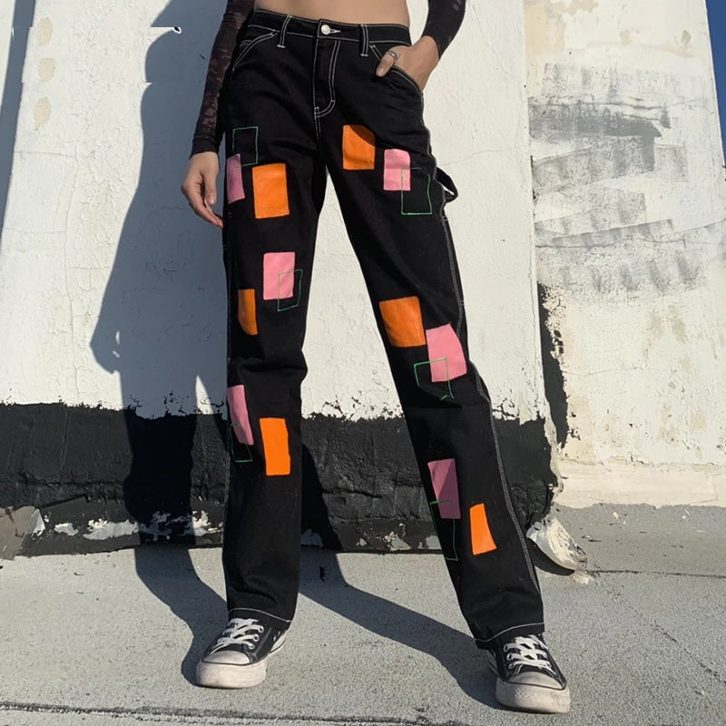 Printed Patchwork Straight Leg Casual Hippie Denim Pants Mssza
