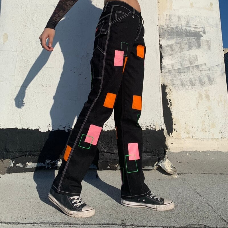 Printed Patchwork Straight Leg Casual Hippie Denim Pants Mssza