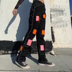 Printed Patchwork Straight Leg Casual Hippie Denim Pants Mssza
