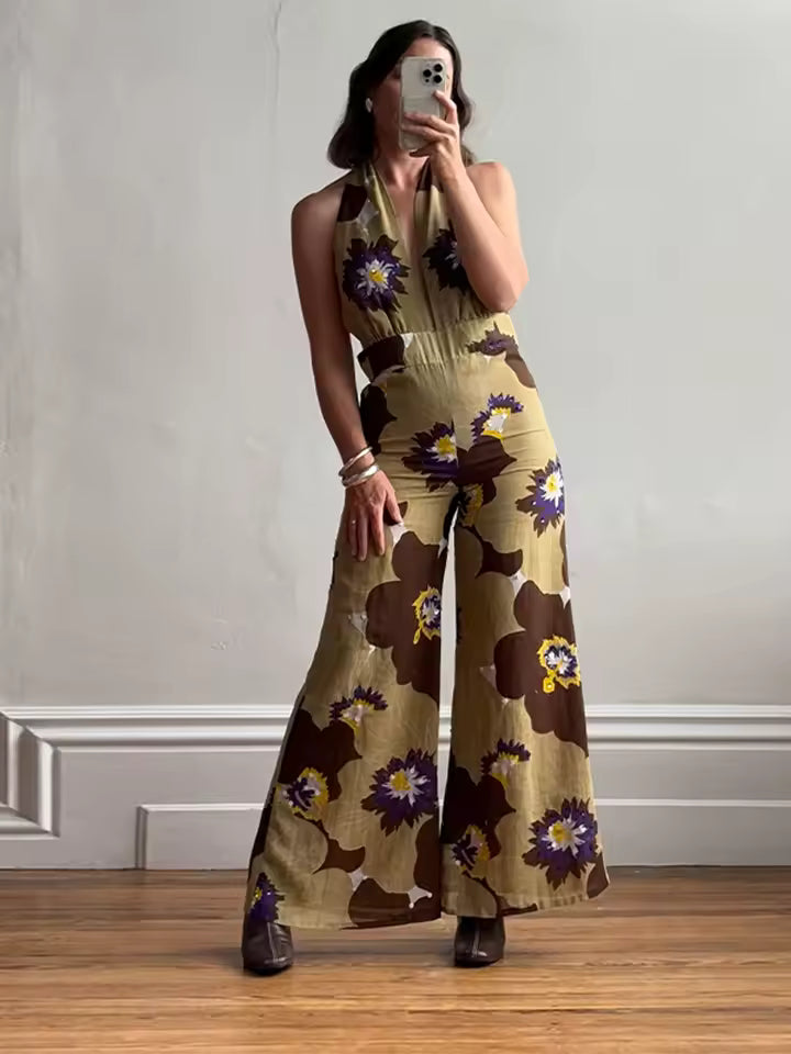 Printed Sequins Backless Halter High Waist Deep V-neck Wide Leg Straight Jumpsuit Mssza