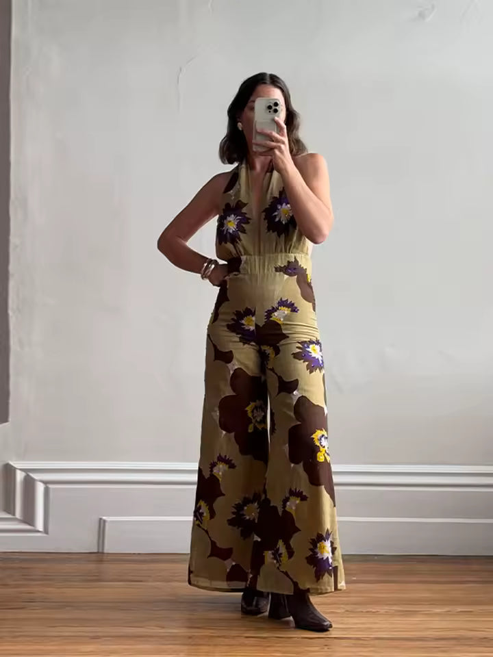 Printed Sequins Backless Halter High Waist Deep V-neck Wide Leg Straight Jumpsuit Mssza