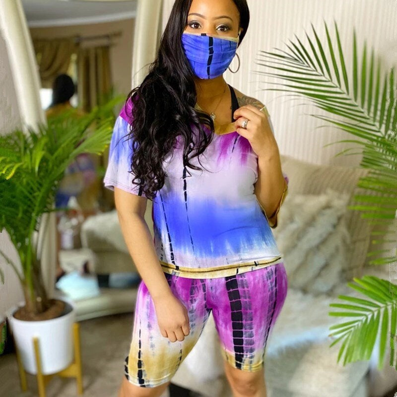 Printed Short Sleeve T-shirt Shorts Masks Suit Three Pieces Sporty Outfit Mssza