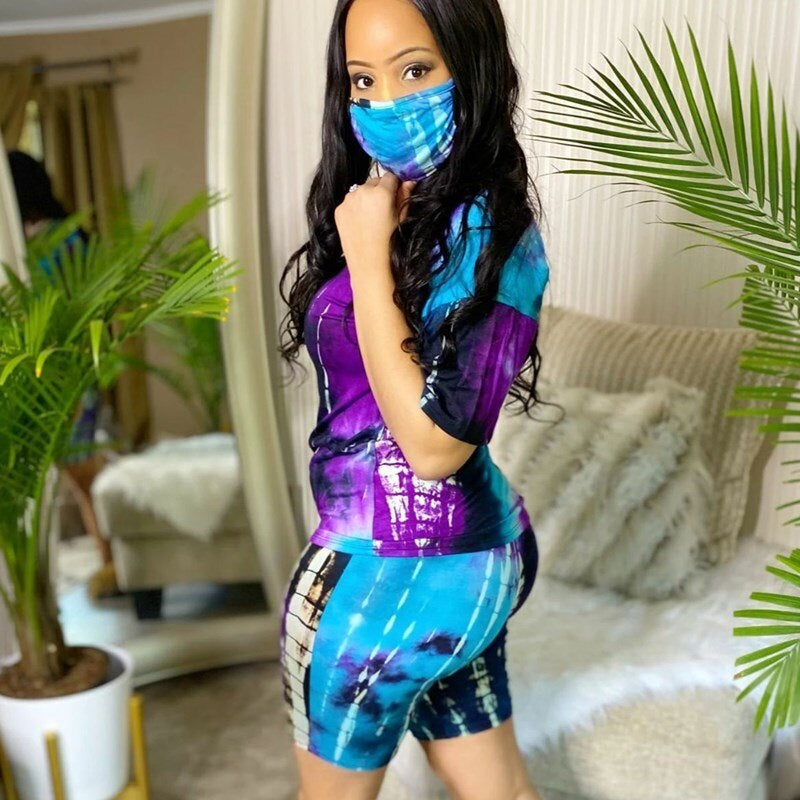 Printed Short Sleeve T-shirt Shorts Masks Suit Three Pieces Sporty Outfit Mssza
