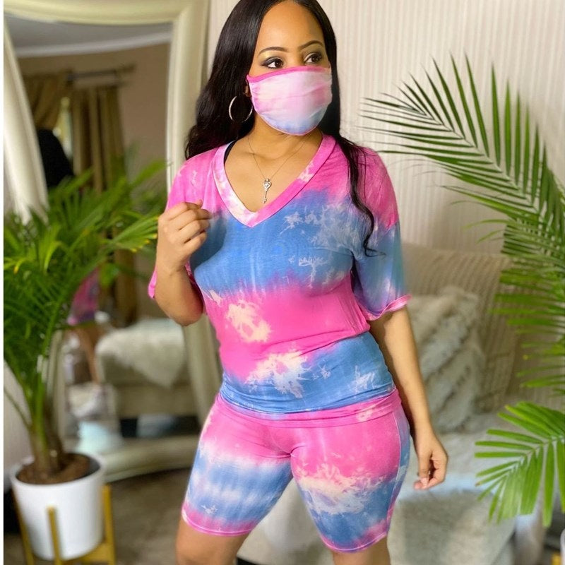 Printed Short Sleeve T-shirt Shorts Masks Suit Three Pieces Sporty Outfit Mssza