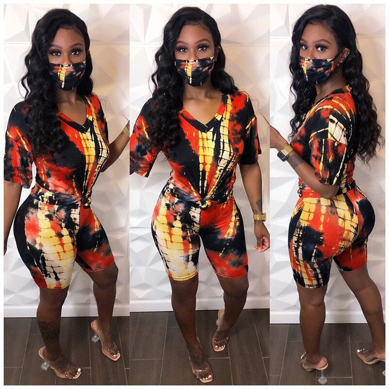 Printed Short Sleeve T-shirt Shorts Masks Suit Three Pieces Sporty Outfit Mssza