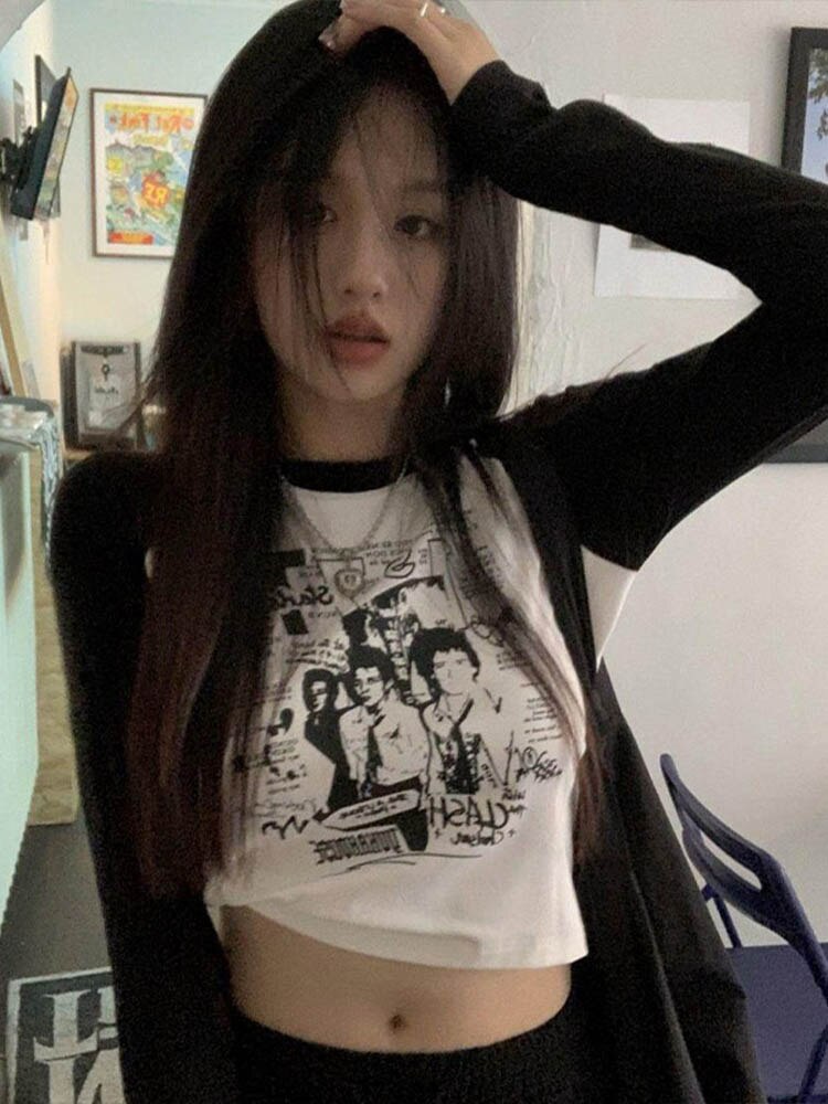 Printed Tight-Fitting Long-Sleeved Grunge Short Top Mssza