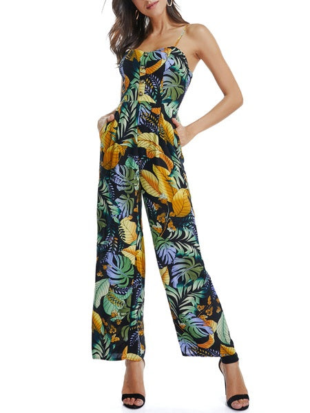 Printed Sleeveless Buttons Straight Leg Jumpsuit Mssza