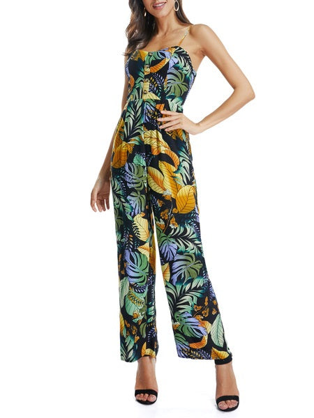 Printed Sleeveless Buttons Straight Leg Jumpsuit Mssza