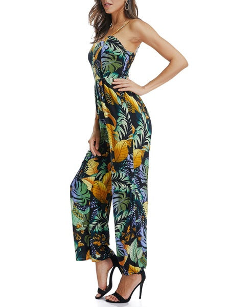 Printed Sleeveless Buttons Straight Leg Jumpsuit Mssza