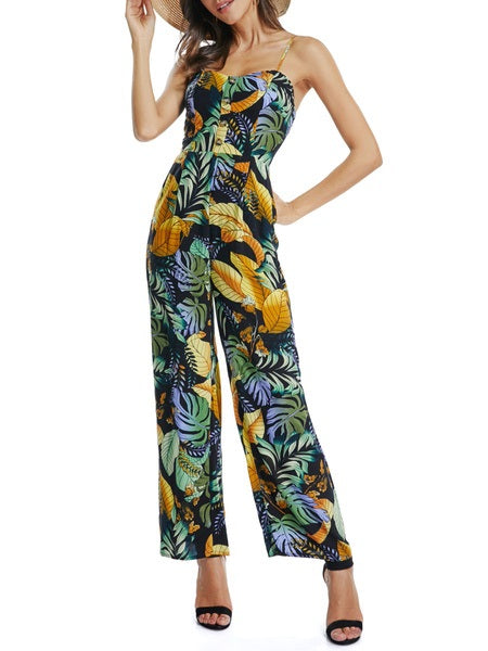Printed Sleeveless Buttons Straight Leg Jumpsuit Mssza