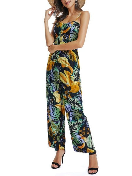 Printed Sleeveless Buttons Straight Leg Jumpsuit Mssza