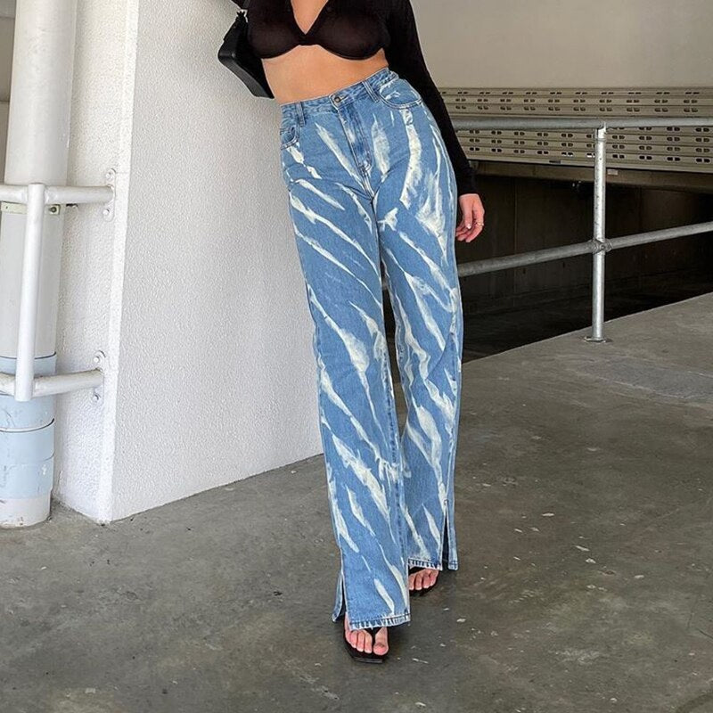 Printed Split Straigh Leg Vintage Denim Skinny Jeans Mssza