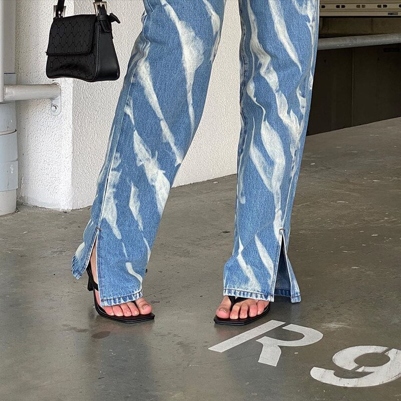 Printed Split Straigh Leg Vintage Denim Skinny Jeans Mssza