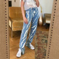 Printed Split Straigh Leg Vintage Denim Skinny Jeans Mssza