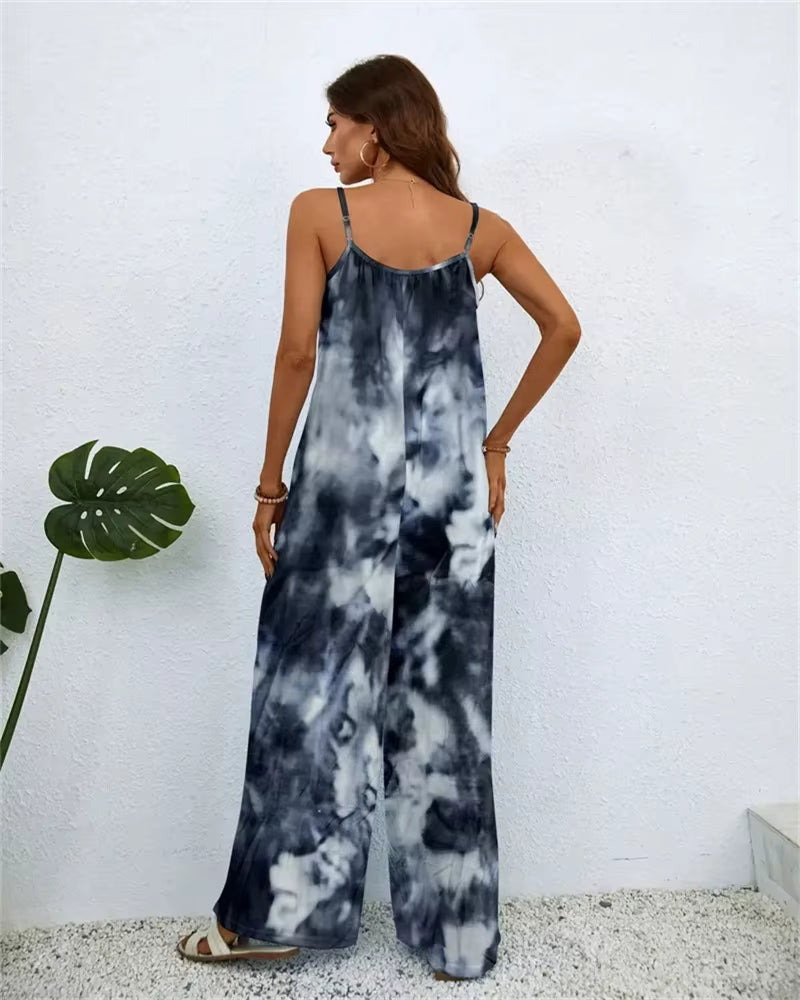Printing Color Gradient Sleeveless Beach Style Pockets Jumpsuit Mssza