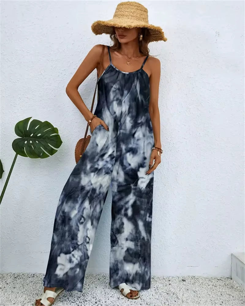 Printing Color Gradient Sleeveless Beach Style Pockets Jumpsuit Mssza