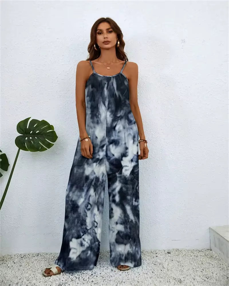 Printing Color Gradient Sleeveless Beach Style Pockets Jumpsuit Mssza