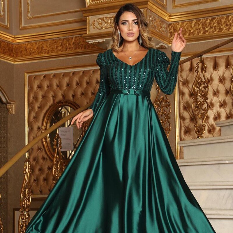 V-neck Long Sleeves Floor Length Satin Sequin Prom Dresses Mssaz Desses
