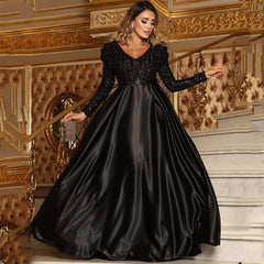 V-neck Long Sleeves Floor Length Satin Sequin Prom Dresses Mssaz Desses