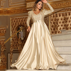 V-neck Long Sleeves Floor Length Satin Sequin Prom Dresses Mssaz Desses