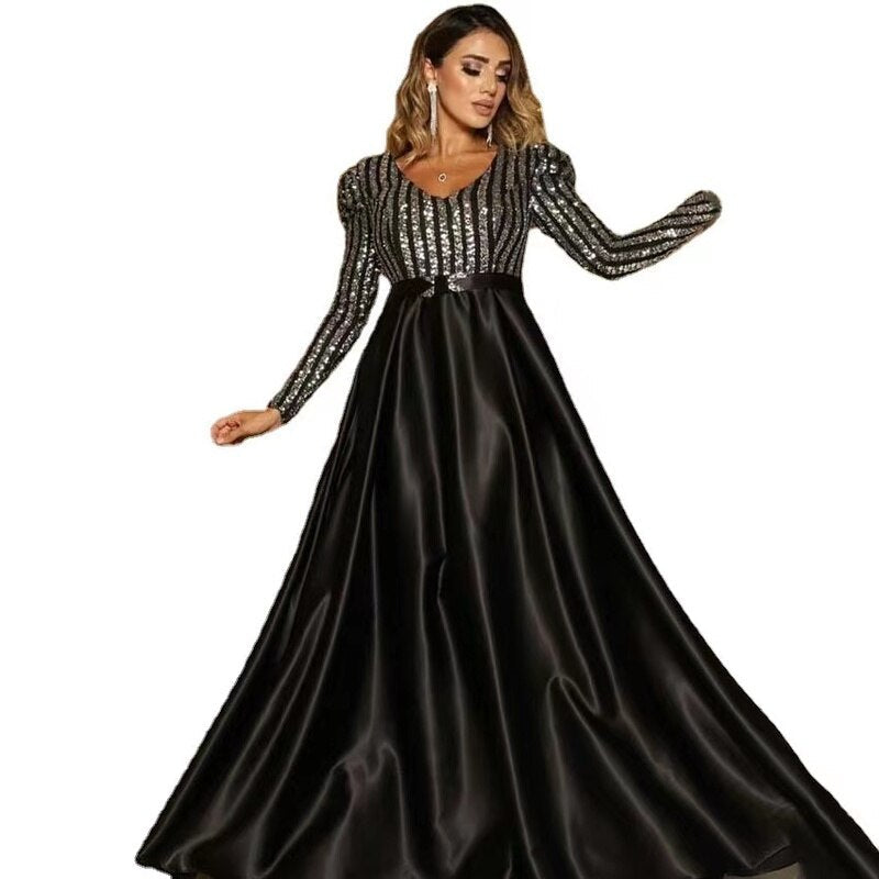 V-neck Long Sleeves Floor Length Satin Sequin Prom Dresses Mssaz Desses