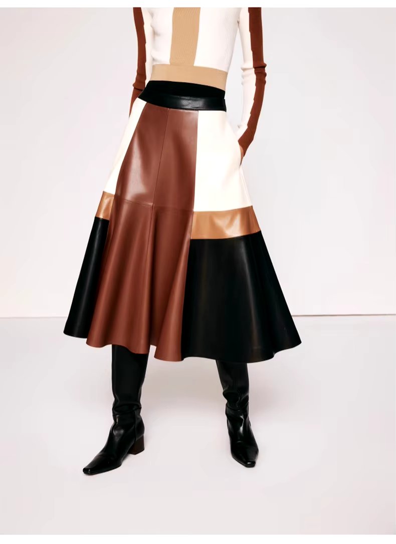 Pu Leather High Waist A line Patchwork Elegant And Vintage Mini Skirts Mssza