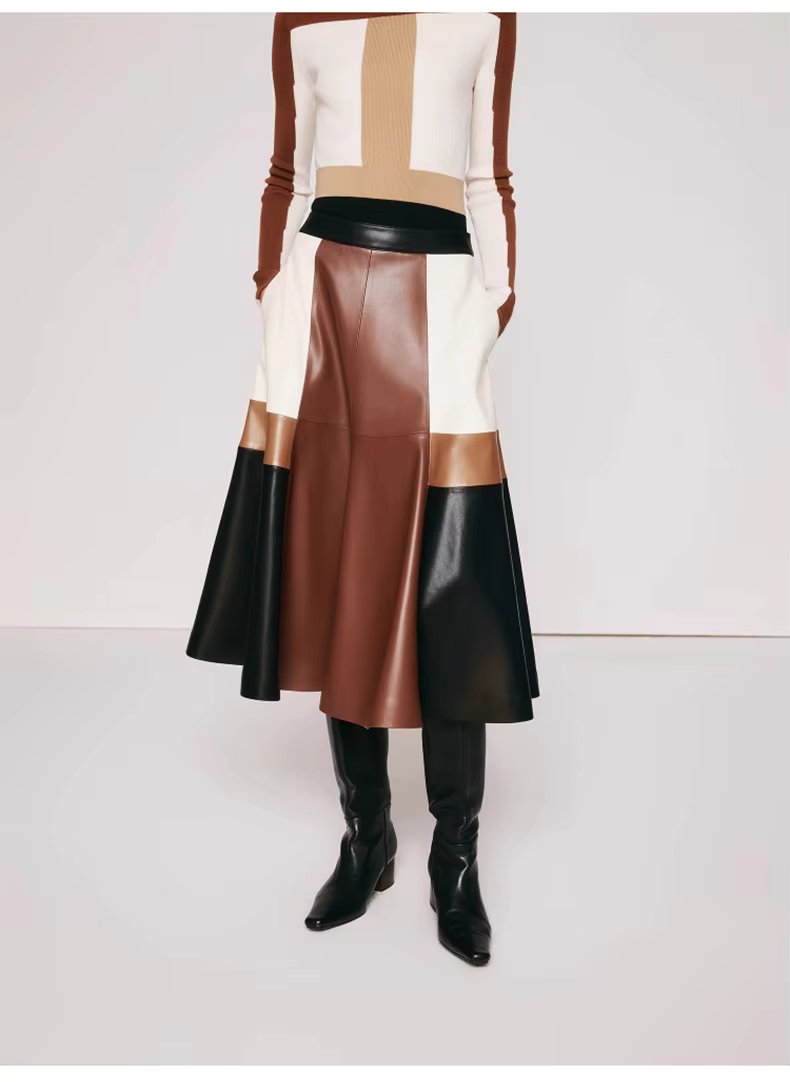 Pu Leather High Waist A line Patchwork Elegant And Vintage Mini Skirts Mssza