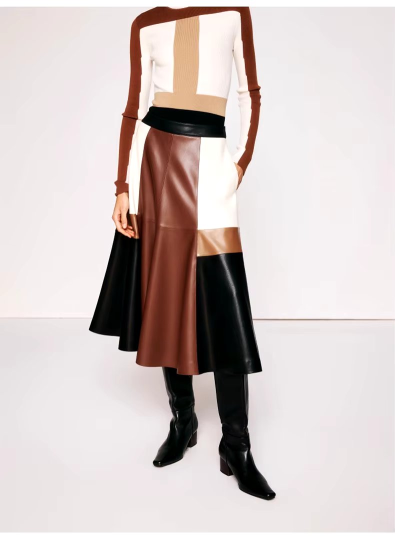 Pu Leather High Waist A line Patchwork Elegant And Vintage Mini Skirts Mssza