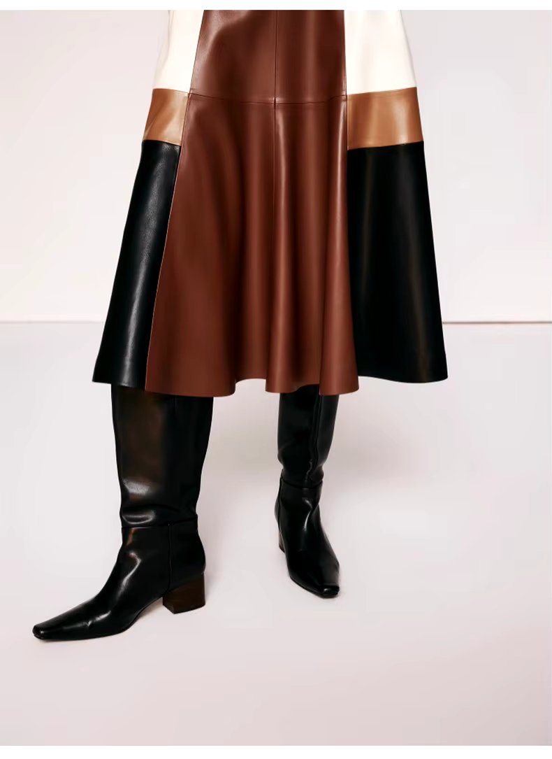 Pu Leather High Waist A line Patchwork Elegant And Vintage Mini Skirts Mssza