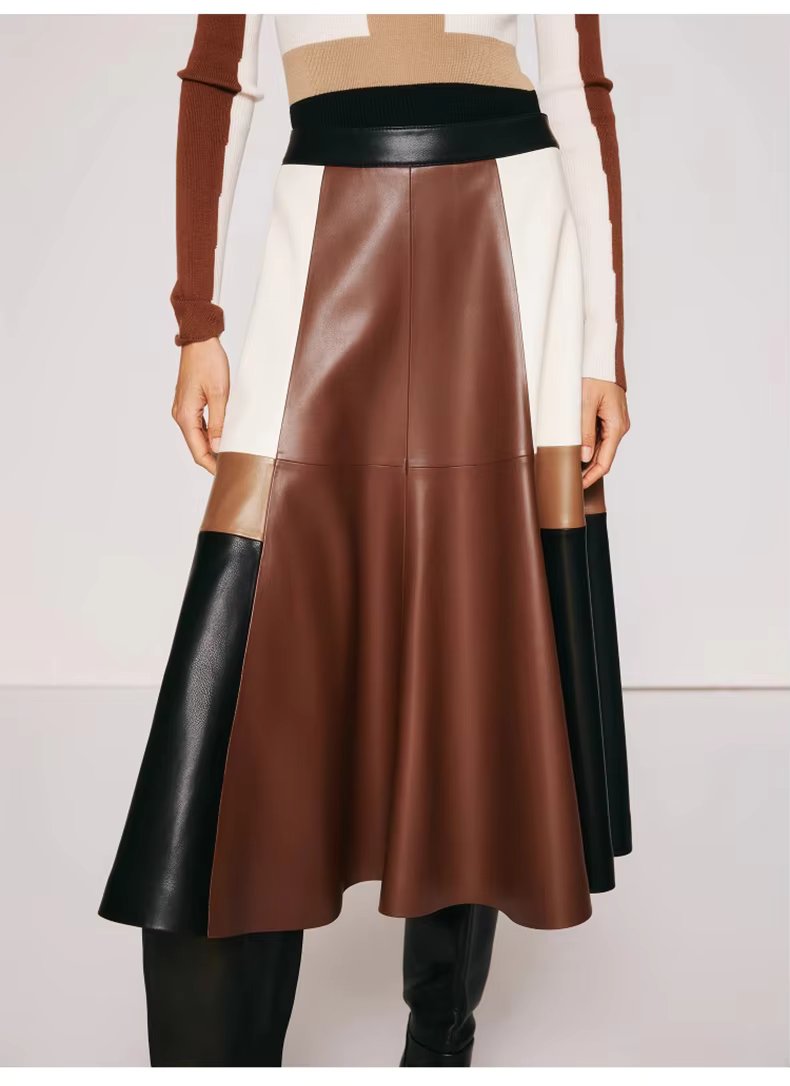 Pu Leather High Waist A line Patchwork Elegant And Vintage Mini Skirts Mssza