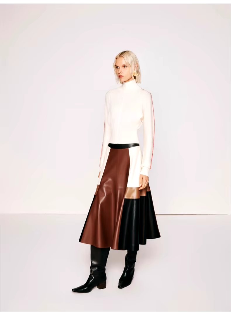 Pu Leather High Waist A line Patchwork Elegant And Vintage Mini Skirts Mssza