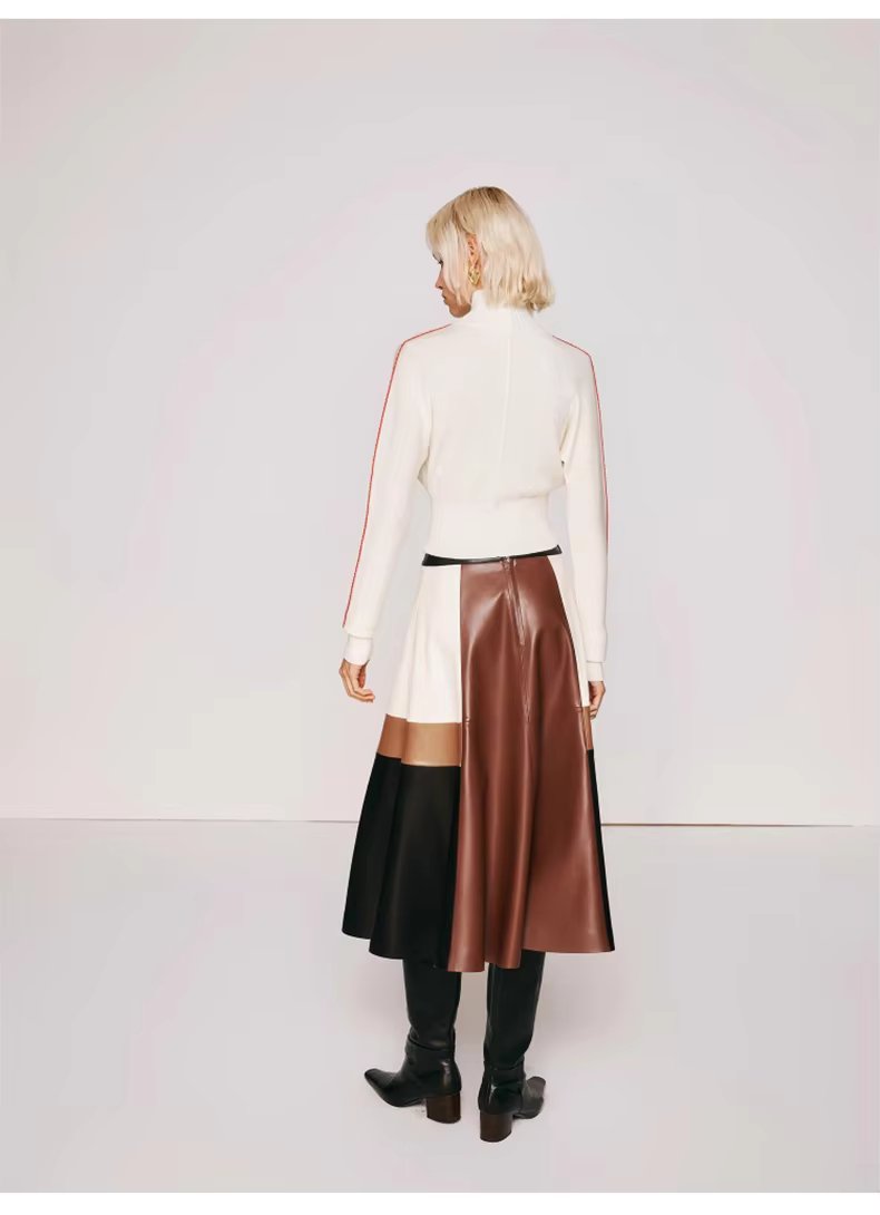Pu Leather High Waist A line Patchwork Elegant And Vintage Mini Skirts Mssza