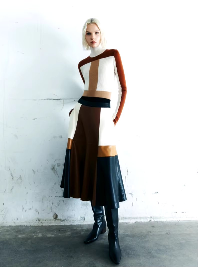 Pu Leather High Waist A line Patchwork Elegant And Vintage Mini Skirts Mssza