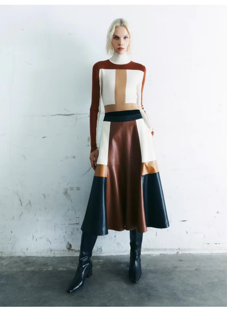Pu Leather High Waist A line Patchwork Elegant And Vintage Mini Skirts Mssza