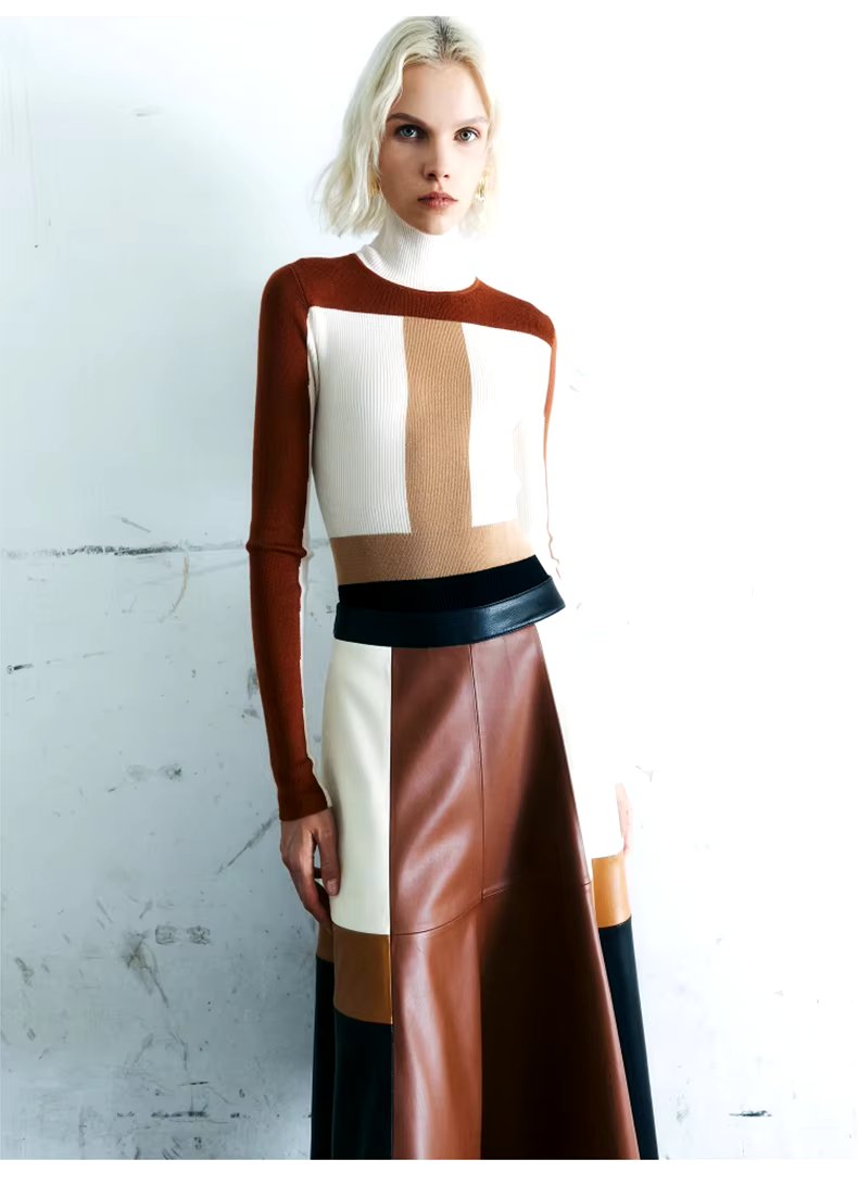 Pu Leather High Waist A line Patchwork Elegant And Vintage Mini Skirts Mssza