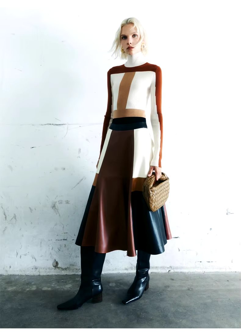 Pu Leather High Waist A line Patchwork Elegant And Vintage Mini Skirts Mssza