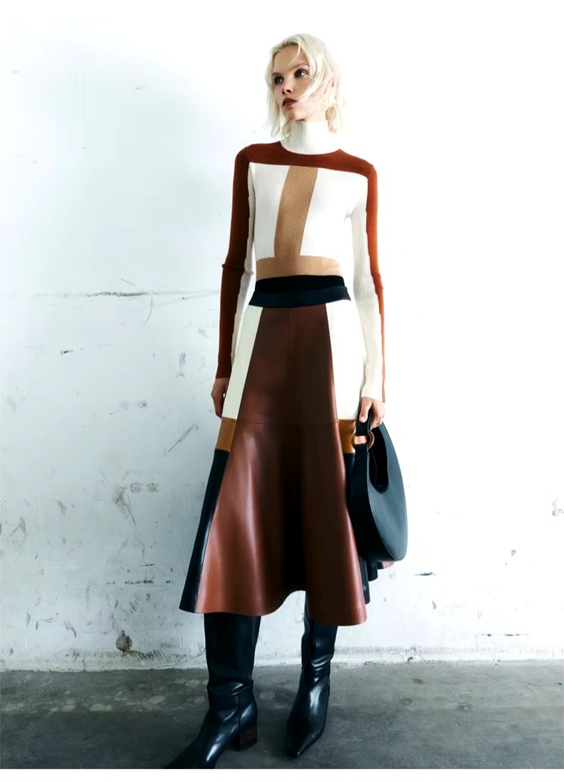 Pu Leather High Waist A line Patchwork Elegant And Vintage Mini Skirts Mssza