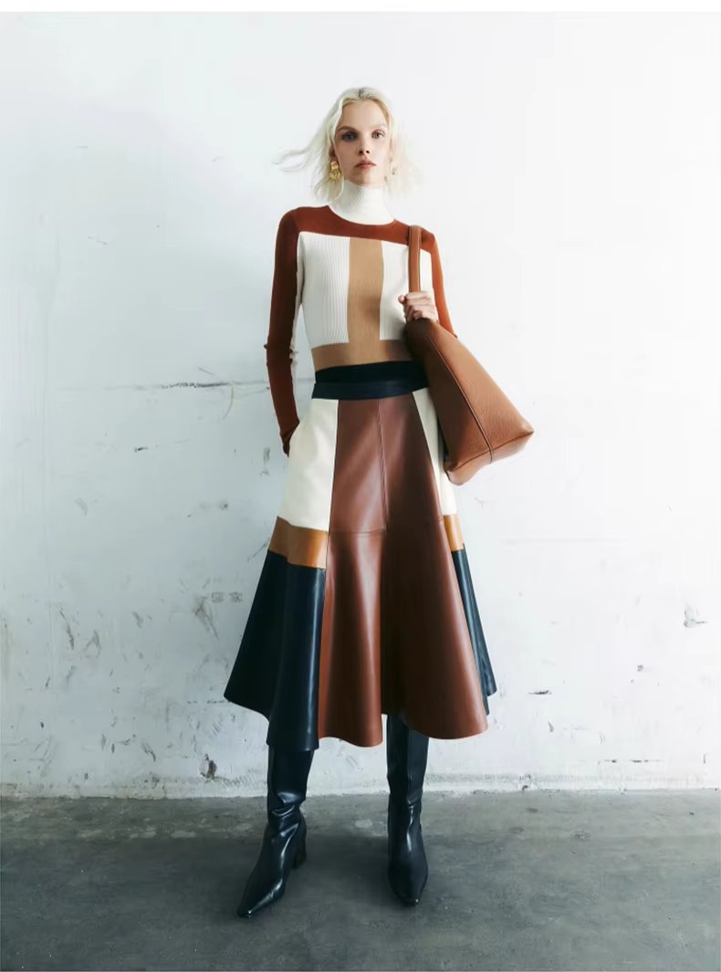 Pu Leather High Waist A line Patchwork Elegant And Vintage Mini Skirts Mssza